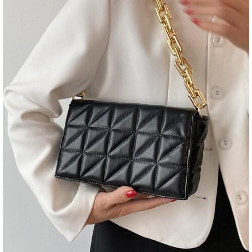 Brand Designer Womens Handbag Thick Chain Underarm Tote Bag Small Flap Quilted Shoulder Bag Black Pu Leather Lady Crossbody Bag