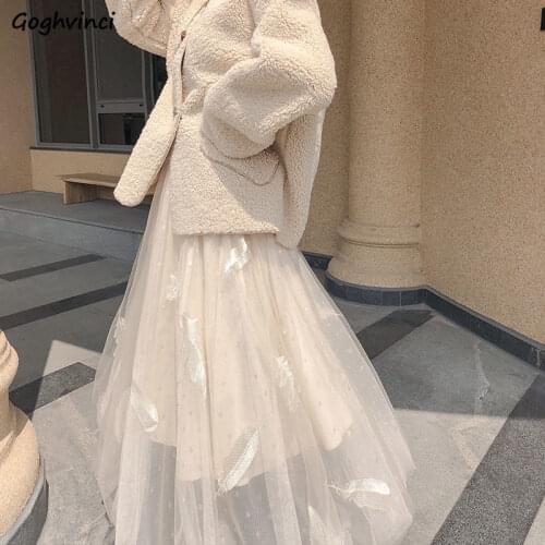 Women A-Line Long Skirts Elastic High Waist Pleated Mesh Embroidery Elegant Female Sweat Sequins Girls Fairy Skirt Plus Velvet