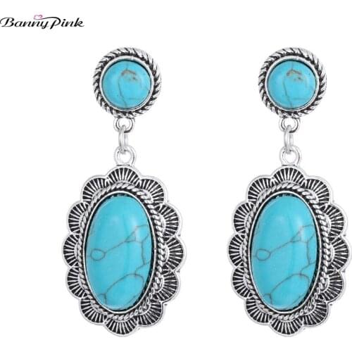 Banny Pink Indian Stone Earrings For Women Ethnic Geometric Statement Stud Earrings Vintage Carved Flower Earrings Brincos Mujer