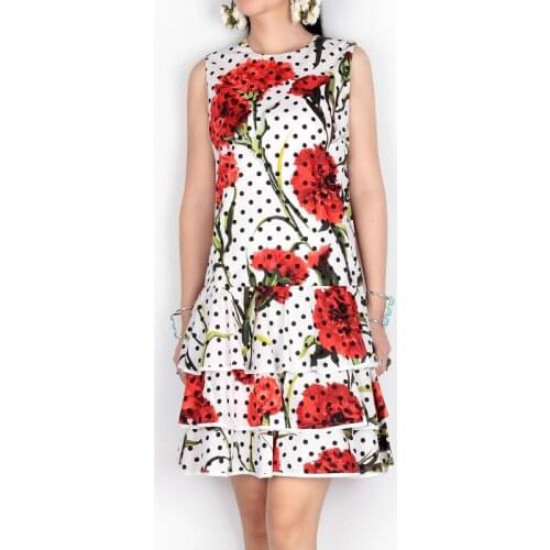 High Quality Summer Fashion Women Casual Plus Size Sicily Carnation Polka Dot Printed Sleeveless Cotton A Line Cake Dress