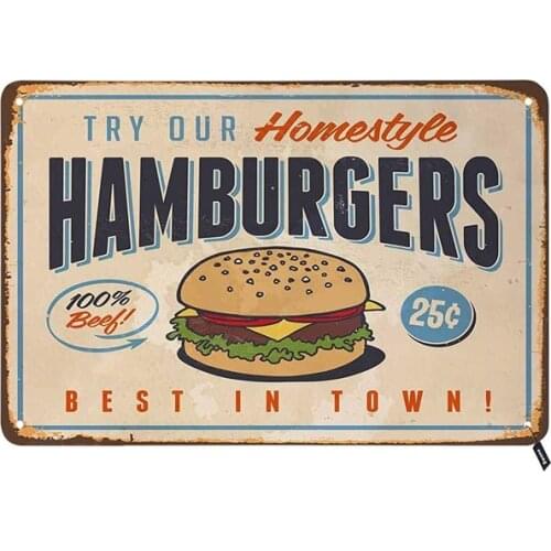 Swono Hamburgers Tin Signs,Try Our Homestyle Hamburgers Best in Town Vintage Metal Tin Sign for Men Women,Wall Decor for Bars