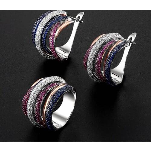 Zlxgirl hot sale Blue red White CZ zircon Stud earring with ring bridal jewelry sets of women high Dubai Gold earring&ring set