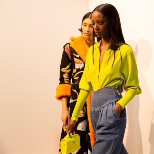 Women 2021 Fashion Lapel Low-cut Lantern Sleeves Goth Pullovers Women Fluorescent Slim Knit Sweatshirts Women Autumn and Winter