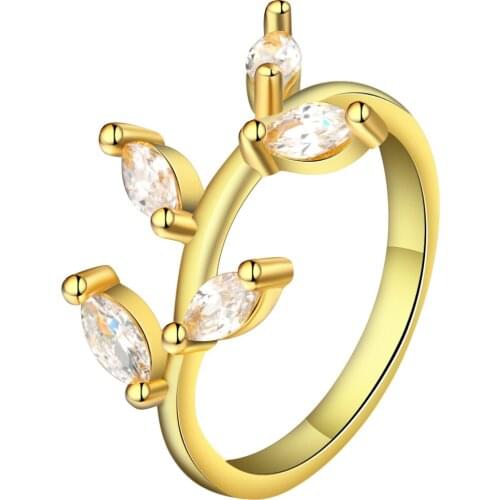 Shining White Zircon Stone Leaf Design Ring Setting Gold Color Simple Pave Round Wedding Bands Finger Ring For Women Bijoux Gift