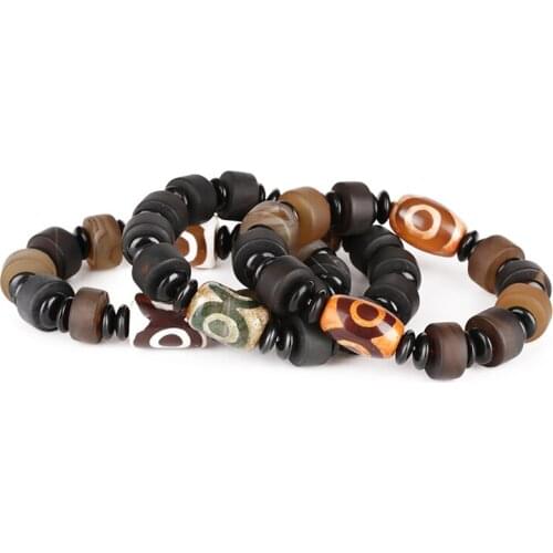 Big tube cylinder matte dark brown green yellow black onyx semi precious stone tibetan buddhism beads bracelet for man