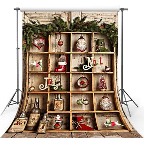 Winter Christmas Tree Photography Background Santa Sock Bell Elk Wood Cabinet Kid Portrait Backdrop Photo Studio Photozone Props