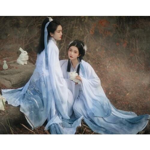 Gradient Blue Hanfu Couples Chinese Traditional Embroidery Clothes Adult Halloween Cosplay Costume Hanfu For Men/Women Plus Size