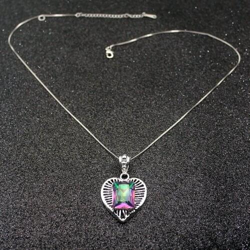 Hermosa Attractive Rainbow Fire MysticTopaz Silver Color For Women Charms Pendant Chain Necklace 20 Inch