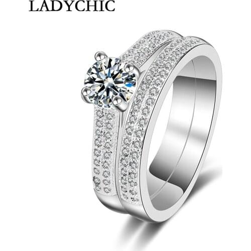 LADYCHIC Double Rings for Lover Couples Men Women White Gold Color Wedding Ring Sets High Quality AAA+ Zircon Inlay LR1025