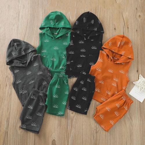 Hot Summer 2021 Toddler Baby Sun Print Clothes Set Kids Boys Sleeveless Hooded Tops with Pocket+Elastic Waist Shorts Cotton Suit