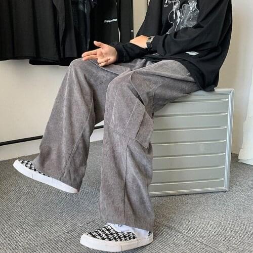 Baggy Corduroy Pants Men Fashion Retro Pocket Cargo Pants Men Streetwear Loose Hip-hop Wide-leg Pants Mens Overalls Trousers