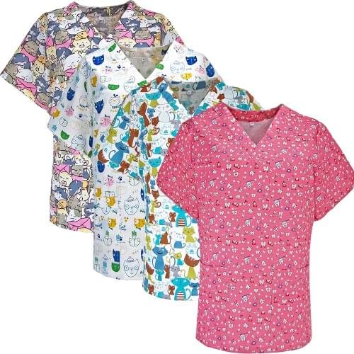 New Scrub uniform Tops for Women Men Anime pet grooming workwear scrub top Dog Print working clothes Short Sleeved Top Wholesale
