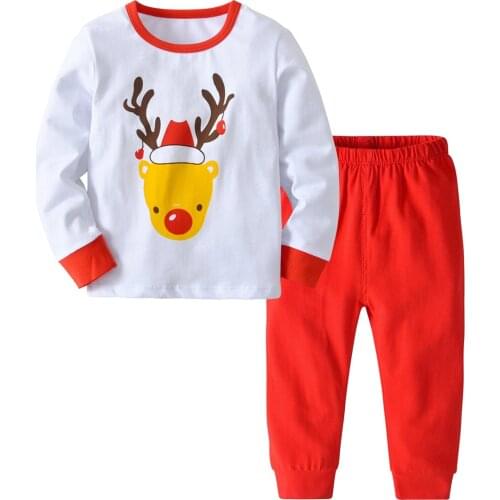 2018 Autumn&winter New Pyjamas Kids Christmas Deer Printed Red Trousers Christmas Thermal Underwear For Boys Two Pieces sets