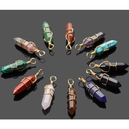 Natural Stone Pendant Wire Wrap Crystal Necklace Amethysts Quartz Crystal Opal Stone Hexagonal Cylindrical Crystal Necklaces