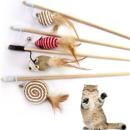 Pet Cat Interactive Toy Stick Feather Linen Wand With Small Bell Artificial Wood Rod Mouse Toys Cat Catcher Teaser Toy Supplies
