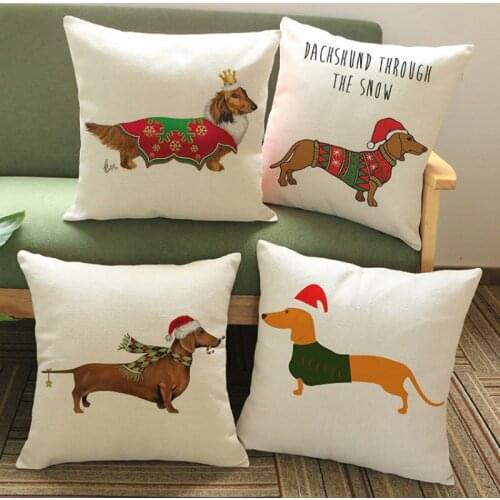 Christmas Clothes Hat Dachshund Cartoon Funny Dog Linen Throw Pillow Case Home Sofa Car Decorative Pet Store Cushion Cover 45x45