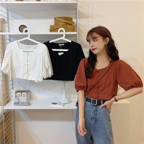 Shirt Retro Square Collar Short-sleeved Shirt Female Design Sense Niche Summer New Korean Loose Slim Top
