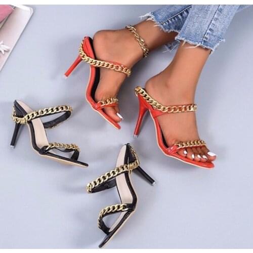 Women Sandals 2021 Fashion Summer Beautiful Gold Chain High Heels 4.72 Inches Slippers（Size 36-43