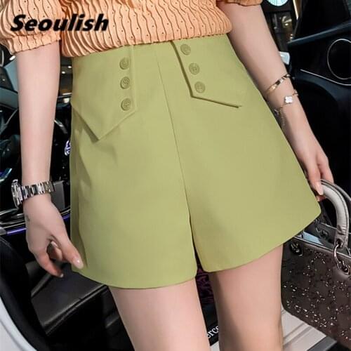 Seoulish 2021 New Summer Formal Womens Shorts Button High Waist Chic Wide Leg Shorts Female Solid Elegant Suit Trousers Pocket