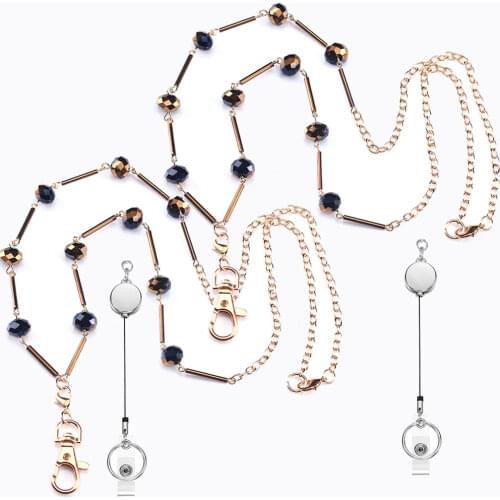 Retractable Badge Reel Lanyard Necklaces with Stainless Steel Clips ID Holder Beaded Lanyards for Women Office Staff Student