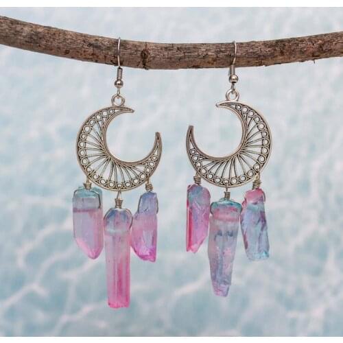 High Quality Rainbow Quartz Crescent Dangle Earrings Bohemian Gothic Witch Moon Phase Celestial Jewelry Gift