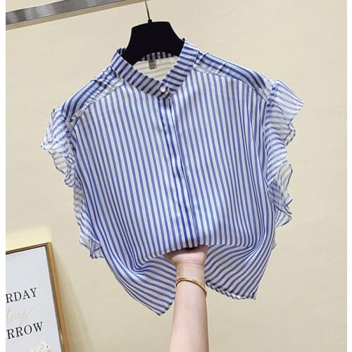 Chiffon Striped Women Shirts Summer New Design 2021 Ruffles Sleeved Straight Elegant Office Lady Outwear Tops