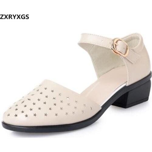 2020 New Round Head Hollow Cowhide Woman Shoes Stylish Sandals Summer Women Sandals Thick Heel Real Leather Sandals Large Size