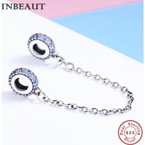 INBEAUT 100% Authentic 925 Sterling Silver Pink&Blue Cubic Zirconia Safety Chain Charm Fit S925 Charm Bracelet Women Jewelry
