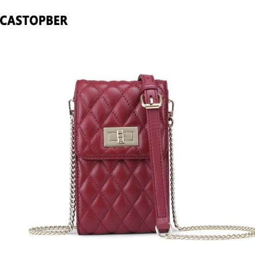 Womnes Sheepskin Genuine Leather Small Quilted Cell Phone Purse Pattern Ladies Chain Messenger Real Leather Bags Mini Crossbody