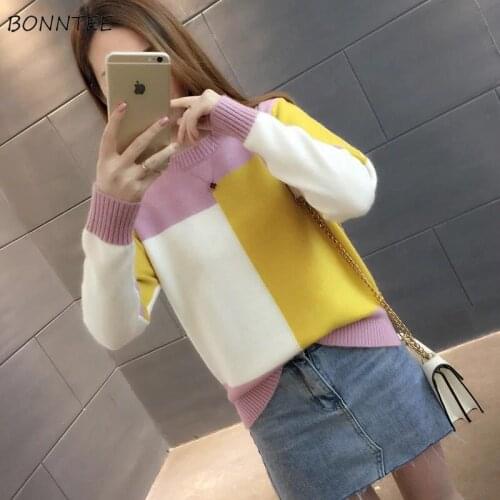 Sweater Women Plus Size Pink Stylish Patchwork Round Neck Students Korean Knitted Clothes Winter Womens Sweaters and Pullovers