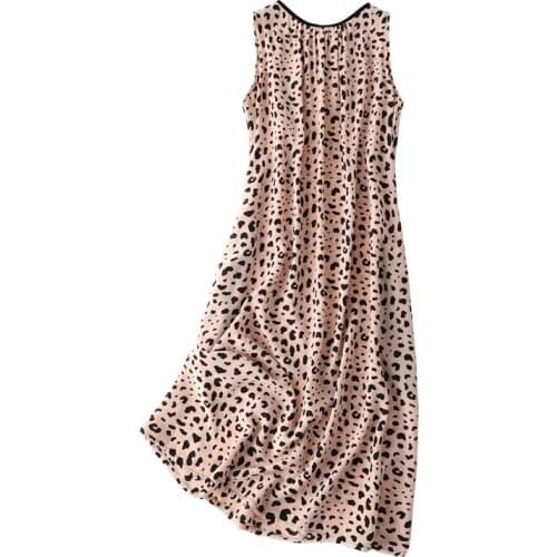 Women Summer 100% Silk Dress O neck Leopard Print Natural silk dresses Elegant Dress Casual real silk Long dress