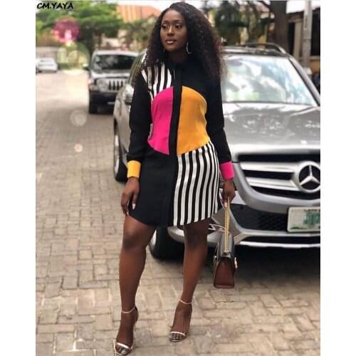 2019 women summer stripes circle splicing long sleeve knee length dress blouses knee length fashion dresses outfit S-2XL HM6087