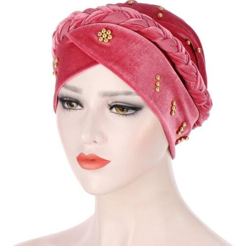 2020 Winter Women Braid Velvet Turban Hat Muslim Cross Beading Hijab Bonnet femme Musulman Islamic Head Wrap Indian Hat Beanie
