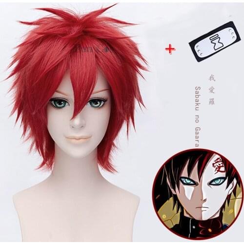 Anime Boruto Character Sabaku No Gaara Cosplay Wig Red Short Wig Headband Heat Resistant Fiber Hair with Free Wig Cap Woman Man