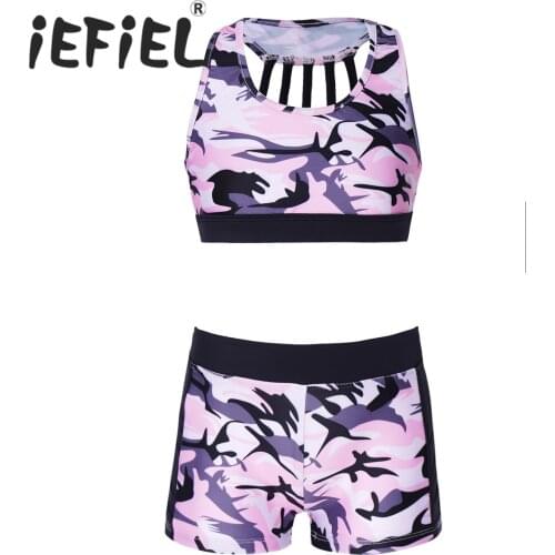 Kids Sport Suit Workout Outfits Sleeveless Tanks Crop Top Ballet Dance Gymastics Vest+Bottoms Shorts Girl Dancewear Outfit