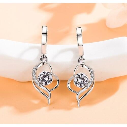 Elegant 925 Sterling Silver Woman Earring Fashion Korean AAA Zircon Crystal Heart Design Drop Earrings for Women Jewelry Gifts
