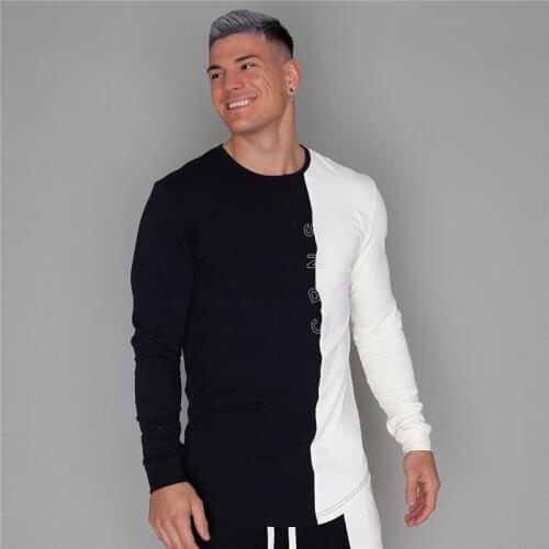 2019 New Mens Long sleeve T-shirt Men Gyms Fitness Workout t shirt Man Summer Casual Fashion stitching Print Tees Tops Clothing