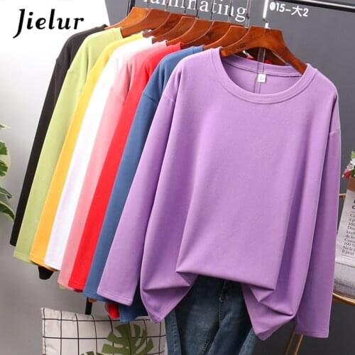 Jielur Autumn New T shirt Female Pure Color Slim Long Sleeve Womens T-shirts M-4XL Yellow White Basic Chic O-neck Tee Tops