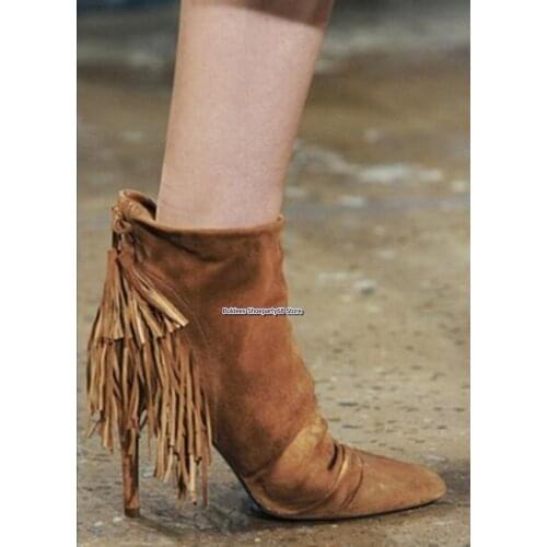 Black Brown Suede Leather Tassel Side Zipper Pointed Toe Thin High Heel Ankle Boots Women Fashion Gladiator Fringe Short Boot