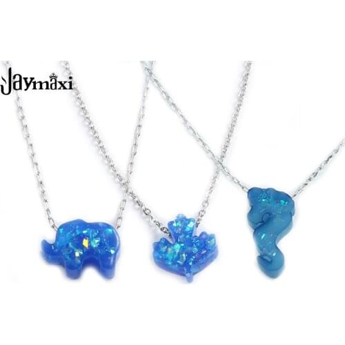 Jaymaxi Blue Opal Necklace Pig Leaf Seahorse Pendant 1mm 45cm Chain Stainless Steel Children Women Necklace 5Piece/lot