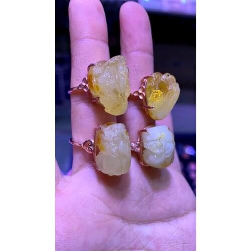 Natural amber Carved mascot mythical totem beast big ring S925 sterling silver ringen aneis jewerly gioielli in argento takı