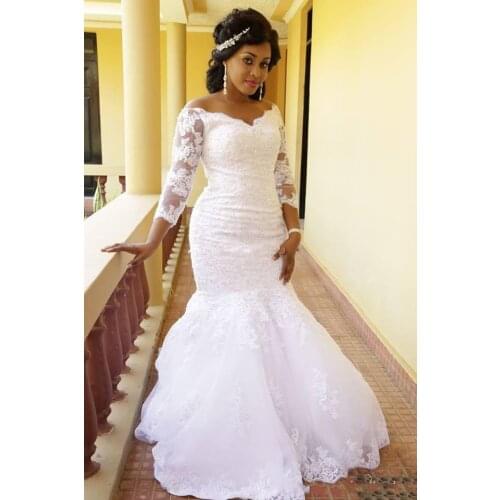 Beauty Sweetheart 3/4 Sleeves Mermaid Wedding Dresses Sweep Train Lace Appliques Arabic Bridal Gowns