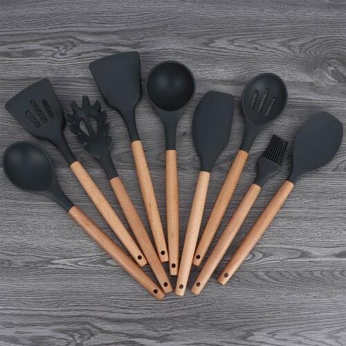 Kitchen Non-stick Cooking Spoon Spatula Ladle Egg Beaters Utensils Silicone and Wood Cooking Tools High Quality