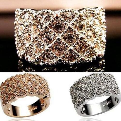 Hot Selling Women Girl Elegant Shine Full Rhinestone Ring Stainless Wide Band Gold Silver Wholesale RING-0084