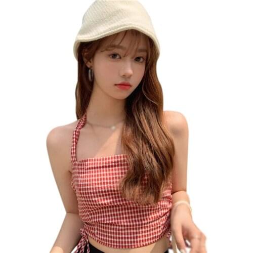 Summer Plaid Lace-Up Tanks for Women Slim Sexy Exposure Navel Camisole Tank Tops