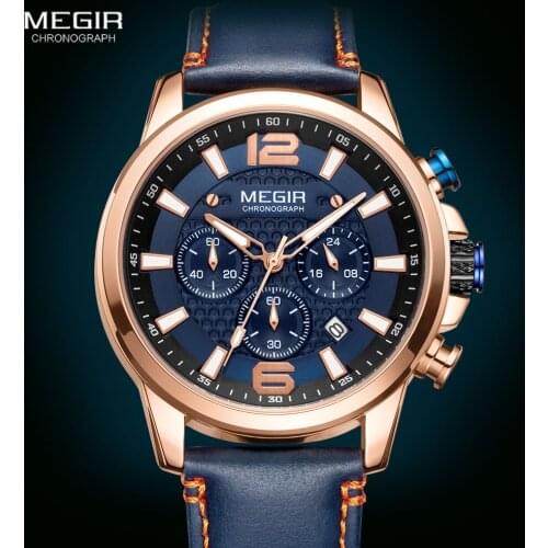 MEGIR Fashion Blue Military Sport Leather Watches Men 2020 Top Brand Chronograph Watch Luxury Waterproof Luminous Wristwatch Man