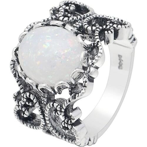Hainon Trendy White Fire Opal Finger Rings For Women Silver Plated Ring Set Fashion Jewelry Oval Wedding Engagement Rings