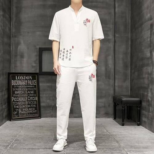 Shirt + trousers) summer men embroidery shirt Man Cotton and linen shirts Short sleeve mens fashion casual shirts men 2021 NEW