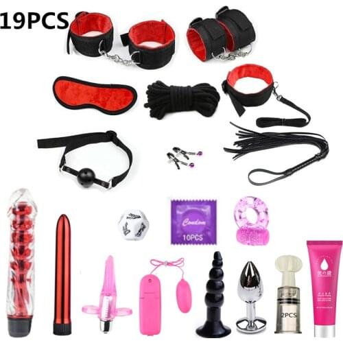 Sex Bondage Set Handcuffs Ankle Cuffs Anal Plug Whip Gag Rope Blindfold Sex Accessories for Couples Adult Erotic Toys BDSM