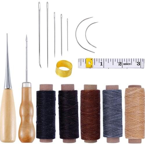 16PCS Leather Craft Hand Tool Kit Set Needle Wax Thread Clip Thimble 50M Flat Sew Wax Line Needles Thimble Professional DIY Sets